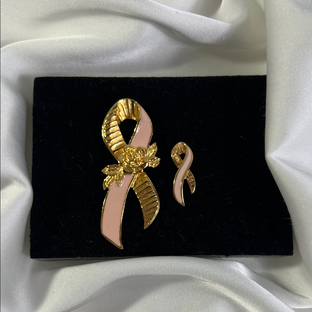 (2) VTG Avon gold-tone pink enamel breast cancer awareness ribbon pin rose motif